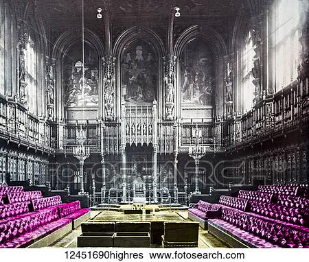 Stock Photograph - Magic Lantern slide circa 1900 hand coloured views of London, England in Victorian times. The House of Lords inside the chamber. Fotosearch