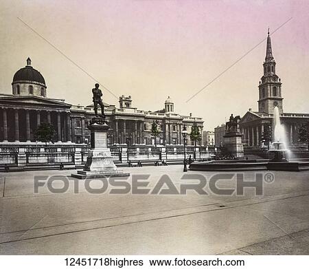 Stock Photograph - Magic Lantern slide circa 1900 hand coloured views of London, England in Victorian times. National Gallery London. Fotosearch