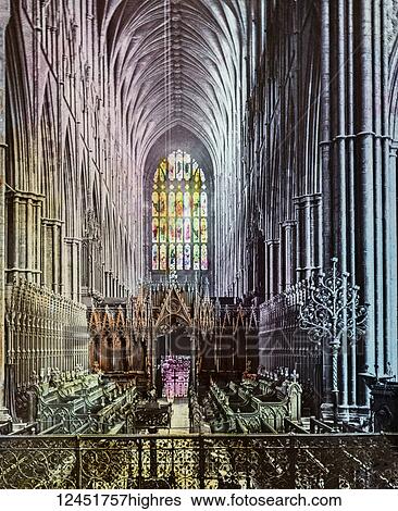 Stock Photograph - Magic Lantern slide circa 1900 hand coloured. Westminster Abbey London national church of the UK part of the interior showing choir stalls. Fotosearch