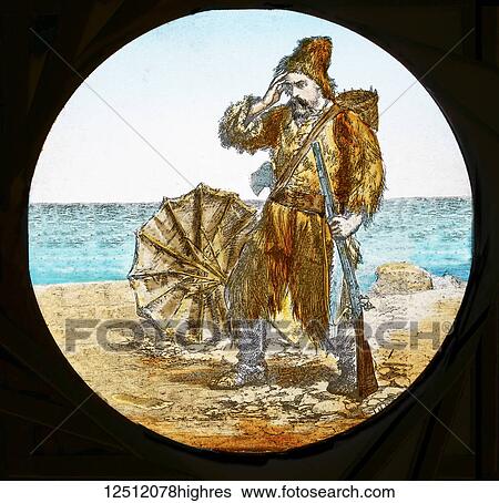 Magic Lantern slide circa 1900 hand coloured. Robinson Crusoe finds a footprint in the sand. View Large Photo Image Stock Photograph - Magic Lantern slide circa 1900 hand coloured. Robinson Crusoe finds a footprint in the sand.. Fotosearch