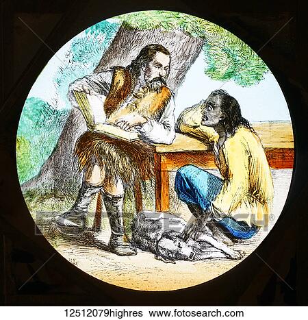 Stock Photograph - Magic Lantern slide circa 1900 hand coloured. Robinsob Crusoe reading the Bible to Man friday.. Fotosearch
