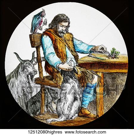 Stock Photograph - Magic Lantern slide circa 1900 hand coloured. Robinson Crusoe with his animals, a goat, a dog and a parrot. Fotosearch