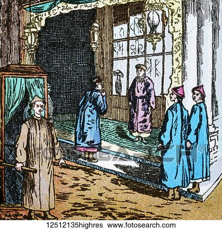 Stock Photograph - Magic Lantern slide circa 1900 hand coloured. The land of the pigtails. A Visit of State. -Here we have an illustration of a Chinese gentleman who is paying his morning visits. He goes about, not in a carriage and horses, of which there are very few in.... Fotosearch