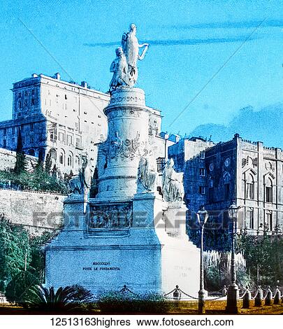 Stock Photograph - Magic Lantern slide circa 1900 hand coloured. Titled Cities and places of interest in the Mediterranean. 29. STATUE OF CHRISTOPHER COLUMBUS AT GENOA. It is unnecessary to state that this prince of navigators was born, not at Genoa, but at a village.... Fotosearch