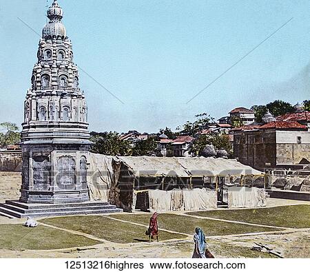 Stock Photograph - Magic Lantern slide circa 1900 hand coloured. A Hindu temple. Fotosearch