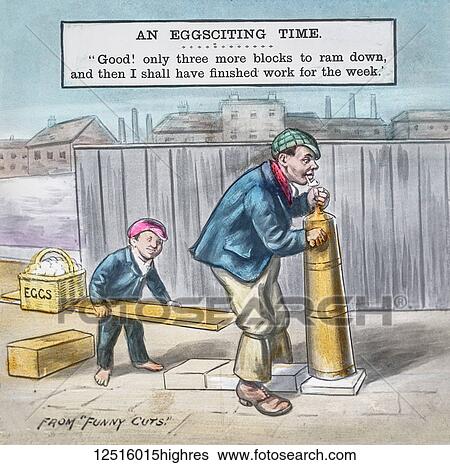 Stock Photograph - Magic Lantern slide circa 1900 hand coloured. Victorian/Edwardian era. A cartoon from a magzine entitles Funny Cuts published 1903-1920. The slide/picture is entitle Eggsciting Times or Only three more blocks to ram down.. Fotosearch