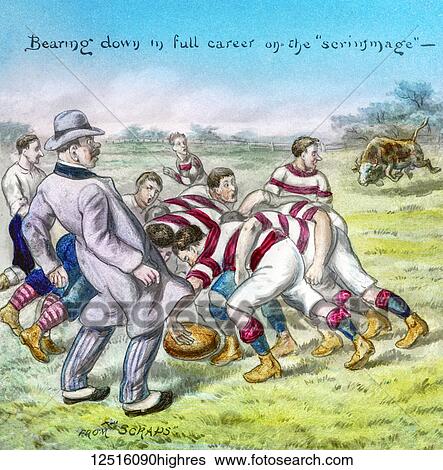 Stock Photograph - Magic Lantern slide circa 1900 hand coloured. Victorian/Edwardian era. Scrum or scrummage cartoon drawiong from Scraps magazine. Scraps was a weekly comic paper published by James Henderson & Sons from 29 August 1883 to 1910, when it was renamed Merry.... Fotosearch