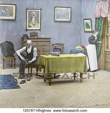 Magic Lantern slide circa 1900 hand coloured. Victorian/Edwardian era. Life models. Slide 5 of The fireman's wedding (recitation: Bamforth & Co., 21 slides, 1902). A woman looks out of the window as an old man puts his shoes on View Large Photo Image Stock Photograph - Magic Lantern slide circa 1900 hand coloured. Victorian/Edwardian era. Life models. Slide 5 of The fireman's wedding (recitation: Bamforth & Co., 21 slides, 1902). A woman looks out of the window as an old man puts his shoes on. Fotosearch