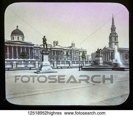 Stock Photograph - Magic Lantern slide circa 1900 hand coloured views of London, England in Victorian times. Slide 37 National Gallery London.. Fotosearch