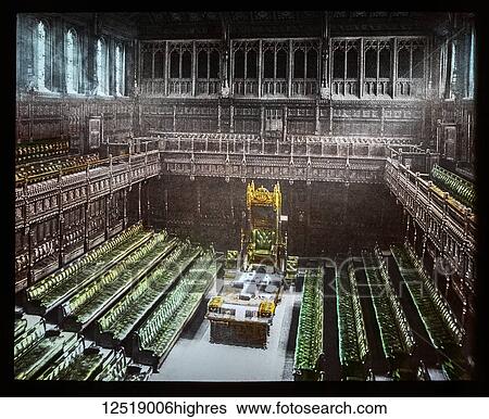 Stock Photograph - Magic Lantern slide circa 1900 hand coloured views of London, England in Victorian times. Slide 25 The House of Commons. Fotosearch