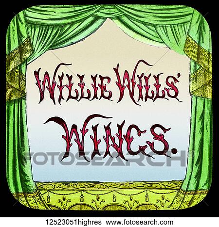 Stock Photograph - Magic Lantern slide circa 1900 hand coloured. A service of song; Willie Wills Wings.. Fotosearch