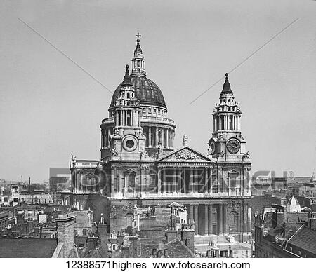 Stock Photograph - Magic Lantern slide circa 1900. St Pauls Cathedral from Ludgate Hill London, England, looking across the rooftops. Fotosearch