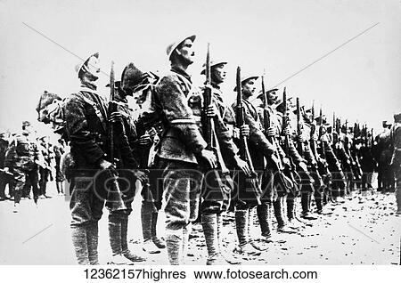 Stock Photograph - Magic lantern slide circa 1900. Victorian. WOrld war one soldiers standing to attention in a line. Fotosearch