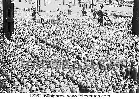 Stock Photograph - Magic lantern slide circa 1900. Victorian. Bomb making factory WW1, World war one factory full of bombs with workers transporting them. Fotosearch
