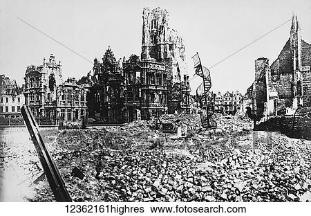 Stock Photograph - Magic lantern slide circa 1900. Victorian. WW1, the Great war bomb damge with spiral staircase. Fotosearch