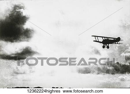 Stock Photograph - Magic lantern slide circa 1900. Victorian. World war 1 aircraft landing. Looks like a Sopwith Pup.. Fotosearch