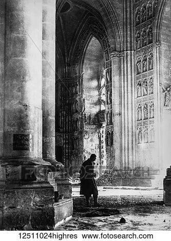 Stock Photograph - Magic lantern slide circa 1900, Victorian, shelling of the Cathedral of Reims by German troops, 1914. Fotosearch