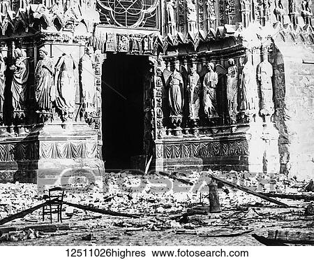 Stock Photograph - Magic lantern slide circa 1900, Victorian, shelling of the Cathedral of Reims by German troops, 1914. Fotosearch