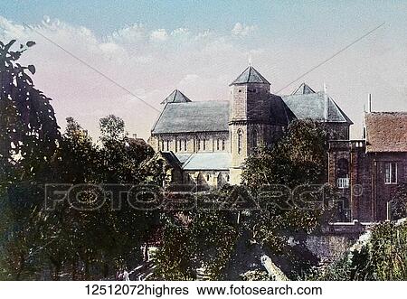 Stock Photograph - Magic lantern slide circa 1900. Victorian. Social History. Society for the propagation of the gospel in foreign parts. Missionary work in Madagascar off the coast of Africa. Cathedral of S. Laurence, Antananarivo. Fotosearch