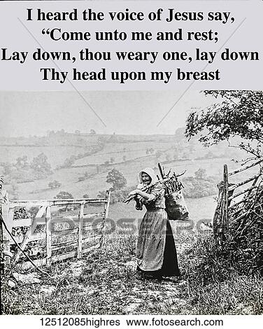 Stock Photograph - Magic lantern slide circa 1900. Victorian. Social History. A very old lady with a basket of sticks on her back in a field. A christian rhyme and message included. Fotosearch