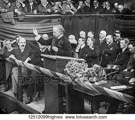 Stock Photograph - Magic lantern slide circa 1900. Victorian. Social History. LLoyds George speaking. A slide created by The Society for the Propagation of the Gospel in Foreign Parts.. Fotosearch