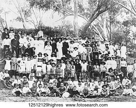 Stock Photograph - Magic lantern slide circa 1900. Victorian. Social History. Society for the propoagation of the gospel in foreign parts. A bush Sunday School, Missionary work. Fotosearch