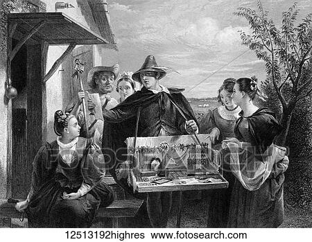 Stock Photograph - Magic lantern slide circa 1900. Victorian. Social History. Image from a slide presentation entitled In His step or In jesus Name. Autolycus from a Winters Tale. Fotosearch