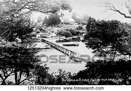 Stock Photograph - Magic lantern slide circa 1900. Victorian/Edwardian social history. The Domain Bridge, Picton New Zealand. Fotosearch
