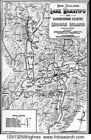 Stock Photograph - Magic lantern slide circa 1900. Victorian/Edwardian social history. A map of Lake Wakatipu and surrounding area, Middle Island, around 1900. New Zealand. Fotosearch