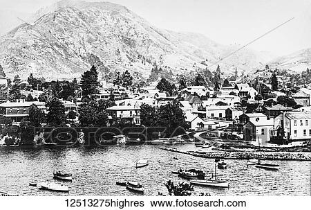 Stock Photograph - Magic lantern slide circa 1900. Victorian/Edwardian social history. Picton, New Zealand view of town. Fotosearch