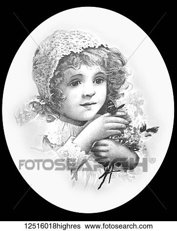 Stock Photograph - Magic lantern slide circa 1900. Victorian/Edwardian. Social History. Portrait pencil sketch of a girl with a butterfly on her finger and flowers in her arms.. Fotosearch