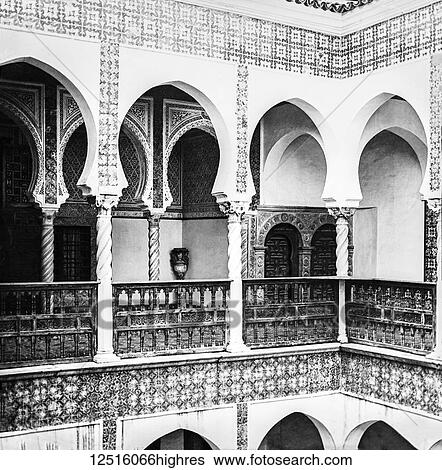 Stock Photograph - Magic lantern slide circa 1900. Victorian/Edwardian. Social History. No. 8. Palace of the Archbishop of Algiers, First Floor. Mounting the flight of steps we reach the first floor of the palace, and get, perhaps, a better general idea of the style of.... Fotosearch