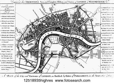 Stock Photograph - Magic lantern slide circa 1900. Victorian/Edwardian. Social History. Civil War plan of London as fortified by Parliament in 1642/3. HARRISON 1776 map. Artist/engraver/cartographer: Engraved for Harrison's History of London. Provenance: A New and.... Fotosearch