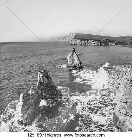Stock Photograph - Magic lantern slide circa 1900. Victorian/Edwardian. Social History. Freshwater is a large village and civil parish at the western end of the Isle of Wight, England. Freshwater Bay is a small cove on the south coast of the Island which also gives its.... Fotosearch