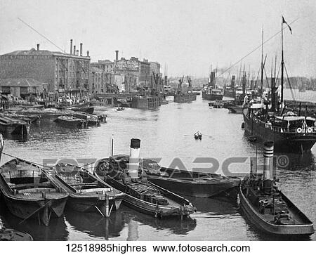 Stock Photograph - Magic lantern slide circa 1900. Victorian/Edwardian. Social History. Originally, the Pool was the stretch of the River Thames along Billingsgate on the south side of the City of London where all imported cargoes had to be delivered for inspection and.... Fotosearch