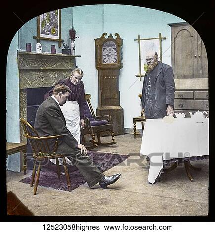 Stock Photograph - Magic lantern slide circa 1900. Victorian/Edwardian. Social History. Fighting for the Queen, a service of song, M. S. Haycraft (arr. James Broadbent and James W. Broadbent), Fighting for the Queen (Leeds: James Broadbent, n. d. ). Slide 12 Tom dared not.... Fotosearch