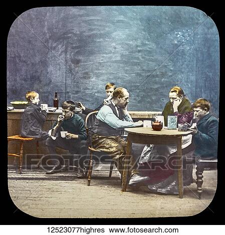 Stock Photograph - Magic lantern slide circa 1900. Victorian/Edwardian. Social History. Mrs Isabel Reaney story of Willie Wills Wings and slide show a christian story. Life model painted background. Slide 20 'How much longer are you going to have that youngster here? '. A.... Fotosearch