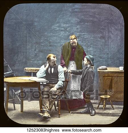 Magic lantern slide circa 1900. Victorian/Edwardian. Social History. Mrs Isabel Reaney story of Willie Wills Wings and slide show a christian story. Life model painted background. Slide 22 When he returned Mrs Jones welcomed him with kindly smiles. Lady... View Large Photo Image Stock Photograph - Magic lantern slide circa 1900. Victorian/Edwardian. Social History. Mrs Isabel Reaney story of Willie Wills Wings and slide show a christian story. Life model painted background. Slide 22 When he returned Mrs Jones welcomed him with kindly smiles. Lady.... Fotosearch