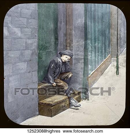 Stock Photograph - Magic lantern slide circa 1900. Victorian/Edwardian. Social History. Mrs Isabel Reaney story of Willie Wills Wings and slide show a christian story. Life model painted background. Slide 24 He sat down on a doorstep to reconsider his plans. Fotosearch