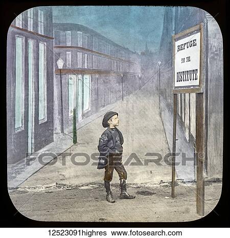 Stock Photograph - Magic lantern slide circa 1900. Victorian/Edwardian. Social History. Mrs Isabel Reaney story of Willie Wills Wings and slide show a christian story. Life model painted background. Slide 26 He noticed on a board the words -- 'REFUGE FOR THE DESTITUTE'..... Fotosearch
