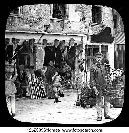 Stock Photograph - Magic lantern slide circa 1900. Victorian/Edwardian. Social History. The Beauties of Venice, photographs created in 1888 Joseph John William ACWORTH F. I. C., F. C. S. J. The Beauties of Venice. No. 28. -Vegetable Market. Just by the Rialto is the Erberia, or.... Fotosearch