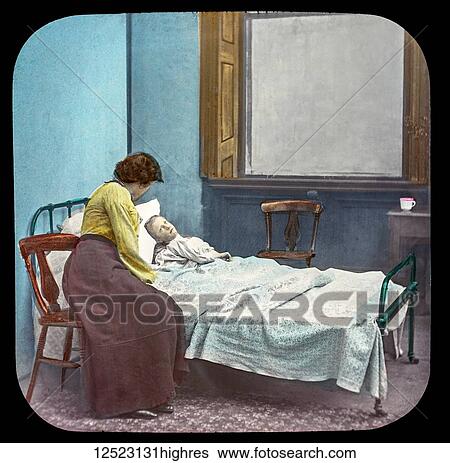 Magic lantern slide circa 1900. Victorian/Edwardian. Social History. Mrs Isabel Reaney story of Willie Wills Wings and slide show a christian story. Life model painted background. Slide 33 She watched beside his bed as he lay stricken with fever.... View Large Photo Image Stock Photograph - Magic lantern slide circa 1900. Victorian/Edwardian. Social History. Mrs Isabel Reaney story of Willie Wills Wings and slide show a christian story. Life model painted background. Slide 33 She watched beside his bed as he lay stricken with fever..... Fotosearch