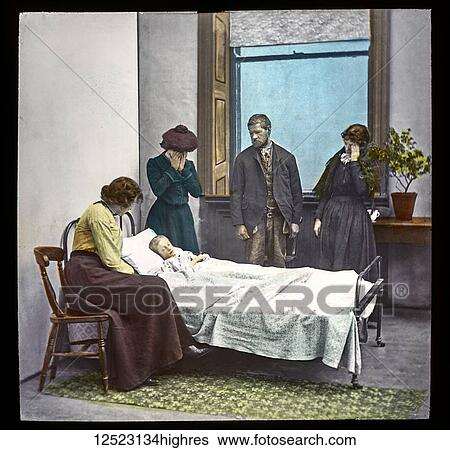 Stock Photograph - Magic lantern slide circa 1900. Victorian/Edwardian. Social History. Mrs Isabel Reaney story of Willie Wills Wings and slide show a christian story. Life model painted background. Slide 36 He passed within the portal of his Saviour's home. A little.... Fotosearch