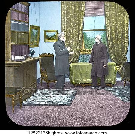 Stock Photograph - Magic lantern slide circa 1900. Victorian/Edwardian. Social History. Fighting for the Queen, a service of song, M. S. Haycraft (arr. James Broadbent and James W. Broadbent), Fighting for the Queen (Leeds: James Broadbent, n. d. ). Slide 38 Old Joe Benton,.... Fotosearch