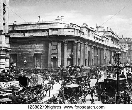 Stock Photograph - Magic Lantern slide circa 1900. The Bank of England. The Bank of England, formally the Governor and Company of the Bank of England, is the central bank of the United Kingdom and the model on which most modern central banks have been based..... Fotosearch
