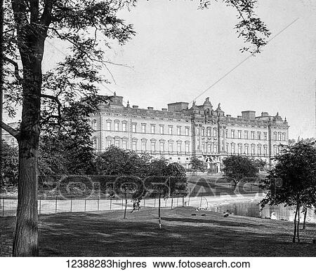 Stock Photograph - Magic Lantern slide circa 1900 views of London, England in Victorian times. Buckingham Palace home of the Queen. Fotosearch