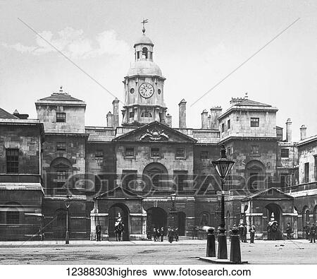 Stock Photograph - Magic Lantern slide circa 1900 views of London, England in Victorian times. Horse Guards, Whitehall SW1. Horses and soldiers standing guard. Fotosearch