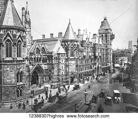 Stock Photograph - Magic Lantern slide circa 1900 views of London, England in Victorian times. The new Law Courts, looking down from Fleet Street. Fotosearch