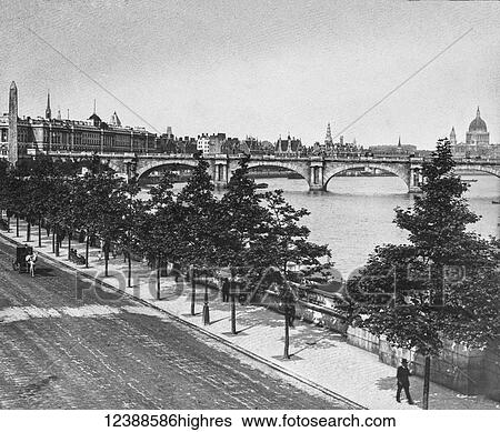 Stock Photograph - Magic Lantern slide circa 1900 views of London, England in Victorian timesVictoria Embankment and Waterloo Bridge. people strollling along the embankment with horse and carriage on the road.. Fotosearch