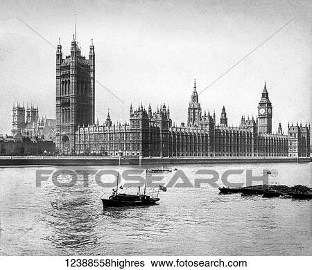 Stock Photograph - Magic Lantern slide circa 1900views of London, England in Victorian times. The Houses of Parliment from the river Thames. Fotosearch